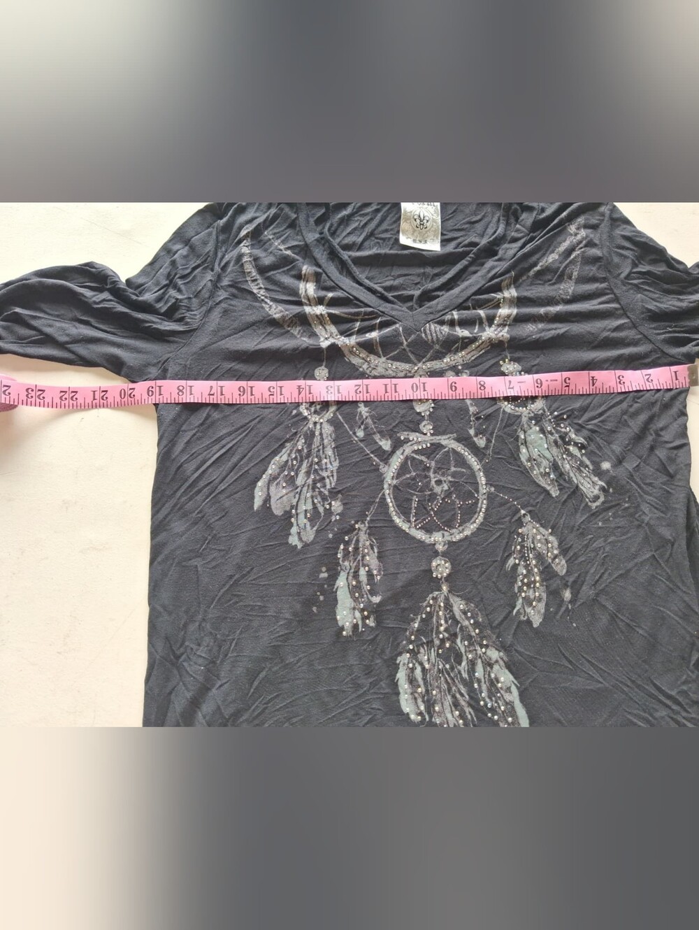 Black V-Neck Tee with Dreamcatcher Crystal Design